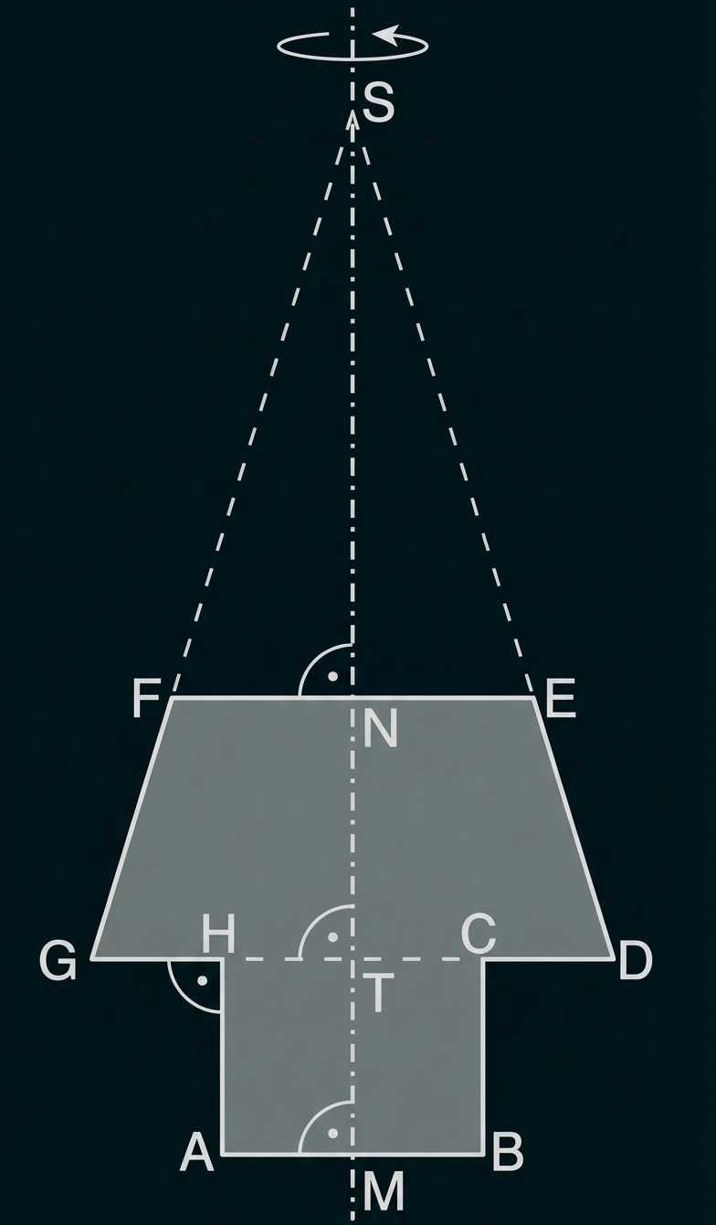 Geometrische Skizze: achsensymmetrische, schattierte Fläche mit beschrifteten Punkten A–S, senkrechte Drehachse und Winkelangaben.